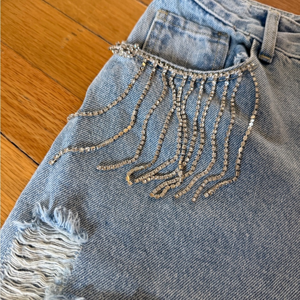 Cider Light Blue Denim Shorts with Fringe and Bead Detail - Picture 2 of 5